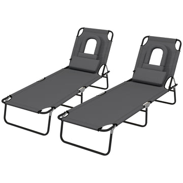 Folding Outdoor Lounge Chair Set of 2, Adjustable Patio Chaise Lounge with Face Hole, Reclining Tanning Chair, Folding Camping Beach Lounging Bed w/ Head Support, Grey
