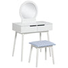 Makeup Vanity Desk with Round Mirror and 2 Drawers, Dressing Table with Cushioned Stool Set for Bedroom (White)