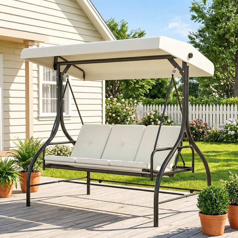 Convertible Patio Swing Bed with Canopy and Cushions, 3 Seater Porch Swing for Outdoor, Backyard, Garden