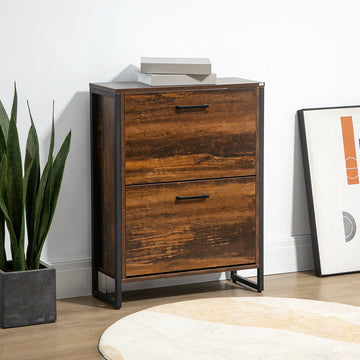 Shoe Cabinet with 2 Flip Doors, Slim 2-Drawer Shoe Cupboard with Divider and Open Compartment for 12 Pairs of Shoes, Entryway Storage Unit, Rustic Brown