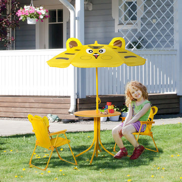 Kids Folding Picnic Table and Chair Set Pattern Outdoor Garden Patio Backyard with Removable & Height Adjustable Sun Umbrella Yellow