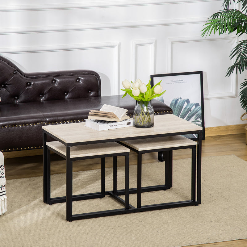 Nesting Coffee Table Set of 3, Modern End Tables with Black Metal Frame for Living Room Home Furniture, Brown