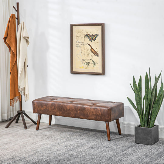 Bedroom Bench, End of Bed Bench with Button Tufted, PU Leather Upholstered Entryway Bench with Wood Legs, Brown