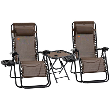 Zero Gravity Chair Set of 2 Patio Chair with Side Table Cupholders and Pillows for Pool, Backyard, Lawn, Beach, Brown