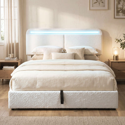 Queen Size Bed Frame with Charging Station, LED Lights, Adjustable Headboard, Upholstered Platform Bed Frame White