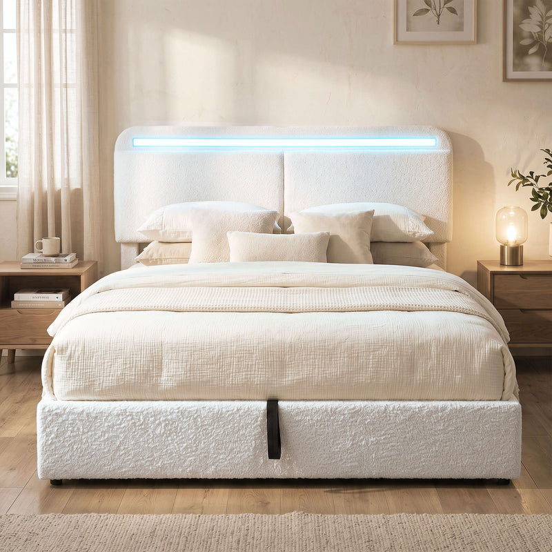 Queen Size Bed Frame with Charging Station, LED Lights, Adjustable Headboard, Upholstered Platform Bed Frame White