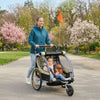 2 Seat Bike Trailer for Kids 2-in-1 Double Baby Stroller with Handbrake, Rubber Wheels, 5 Point Harness, Waterproof Cover, Storage Bag, Reflectors