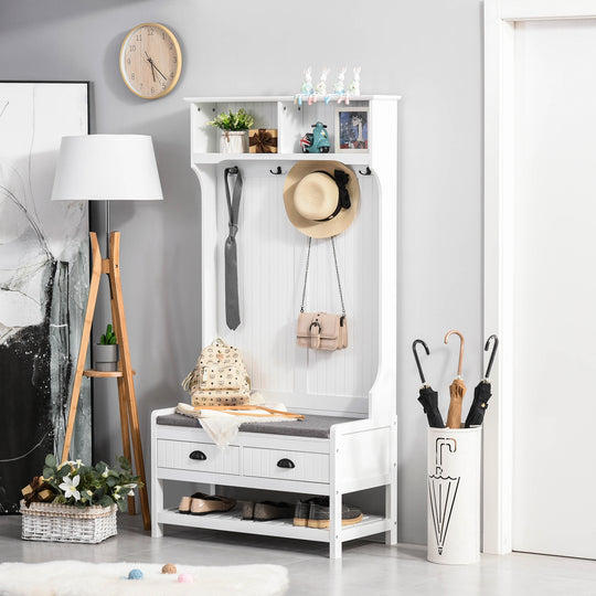 Coat Rack Shoe Bench, Hall Tree with Bench and Shoe Storage, Entryway Bench with 4 Hooks, 2 Drawers, 2 Shelves, White