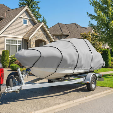 19-20 Ft Trailer Boat Cover, 3000mm Waterproof Universal Boat Cover with Quick-Fasten Buckles, Light Grey