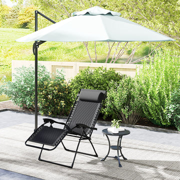 Wicker Folding Lounge Chair with Adjustable Backrest, Rattan Recliner Chair with Headrest & Side Table Tray, Black