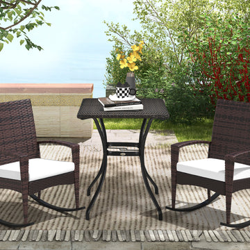 Patio Wicker Dining Table with Umbrella Hole, 34 Inch Outdoor PE Rattan Coffee Table with Plastic Board Under the Woven Table Top for Patio, Garden, Balcony, Mixed Brown