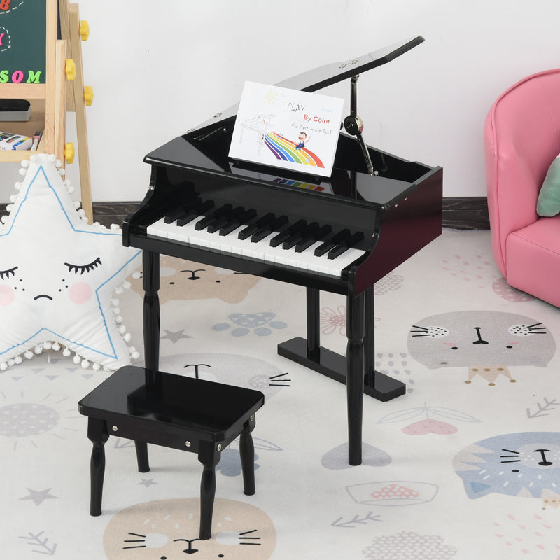 Modern Kids Piano, 30 Keys, Set of 2, Mini Toy for Child, Grand Piano with Music Stand and Bench, Ideal Gift, Black