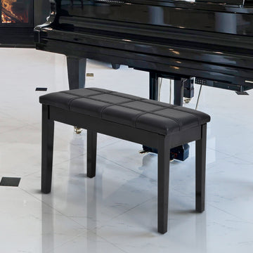 Classic Piano Bench Stool, PU Leather Padded Keyboard Seat with Rubber Wood Legs and Music Storage Compartment, Banded Seat, Black