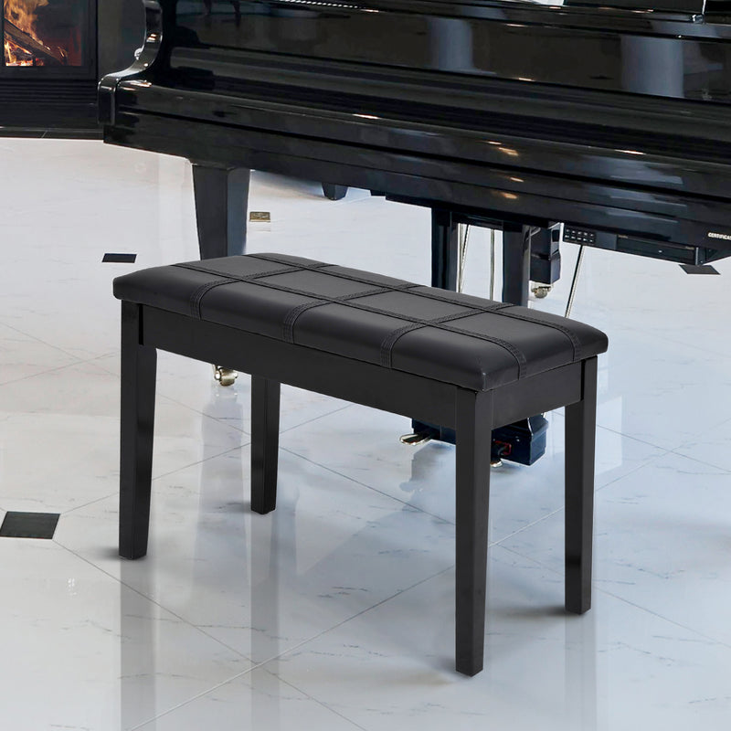Classic Piano Bench Stool, PU Leather Padded Keyboard Seat with Rubber Wood Legs and Music Storage Compartment, Banded Seat, Black
