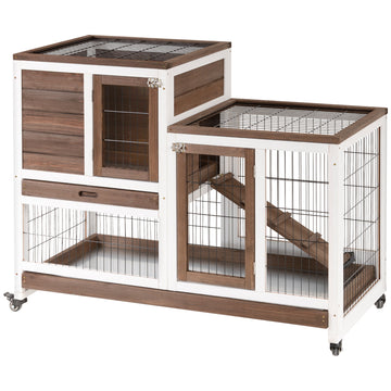 Wooden Rabbit Hutch, Indoor Bunny Cage with Wheels, Pull Out Trays, Run, Grey