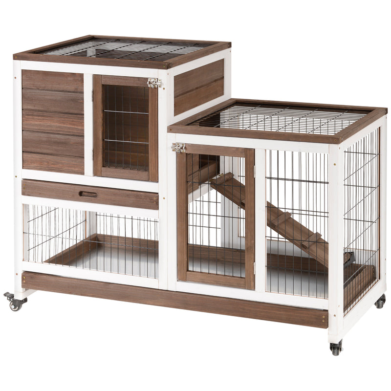 Wooden Rabbit Hutch, Indoor Bunny Cage with Wheels, Pull Out Trays, Run, Grey