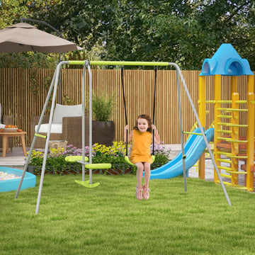 Swing Set for Kids, Heavy Duty A-Frame Metal Swing Frame with Glider, Swing Seat, Ground Stakes for Backyard, Green