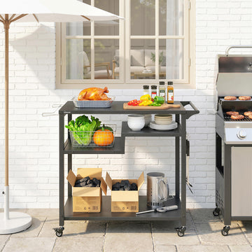 Outdoor Grill Cart, BBQ Stand, Three-Shelf Pizza Oven Stand with Hooks, Garbage Bag Holder, Wheels, Black