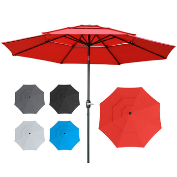 9FT 3 Tiers Patio Umbrella Outdoor Market Umbrella with Crank, Push Button Tilt for Deck, Backyard and Lawn, Red