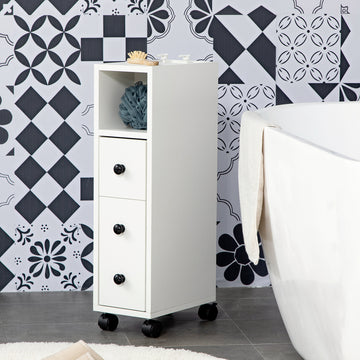Slim Bathroom Cabinet with Wheels, Narrow Bathroom Storage Cabinet with Door, Drawer and 2 Open Compartments, White
