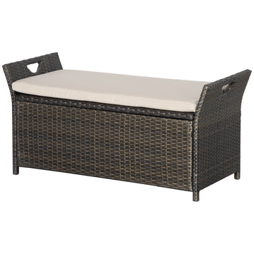 2-In-1 Outdoor PE Rattan Storage Bench, 29 Gallon Patio Wicker Furniture, Basket Box with Handles and Cushion Cream