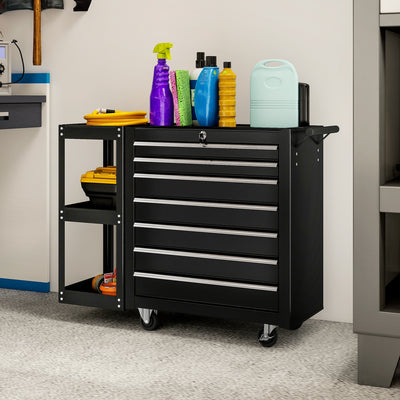 7-Drawer Rolling Tool Chest with Detachable Side Shelf, Lockable Tool Cabinet Box Organizer with Wheels, Black