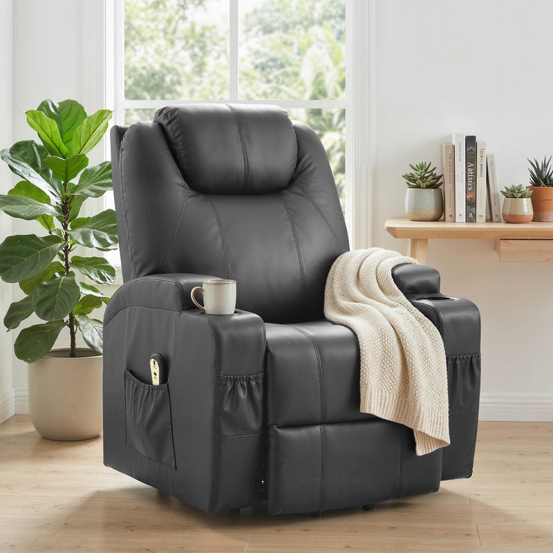 Power Lift Recliner Chair for Elderly, PU Leather Lift Chair with Thick and High Back, Footrest, Remote, Side Pockets, Cup Holders, Reclining Sofa for Living Room