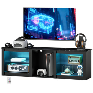 TV Stand with LED Lights, Modern Entertainment Center with Adjustable Glass Shelves, for TVs up to 65 Inch, Black
