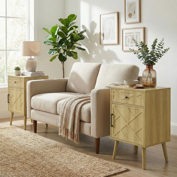 Nightstand Set of 2, Bedside Table Set with Drawer and Cabinet, Side End Table with Storage for Living Room, Oak