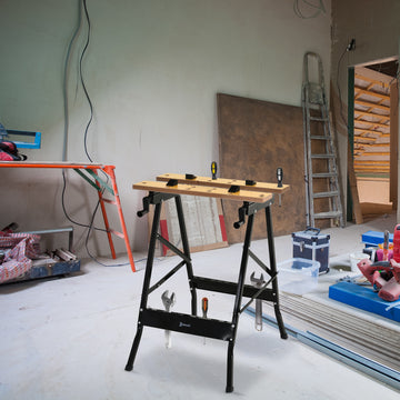Foldable Work Bench w/ 4 Adjustable Clamps, Carpenter Saw Table, MDF Surface, Steel Frame, Portable Work Bench 100kg/220lbs Capacity