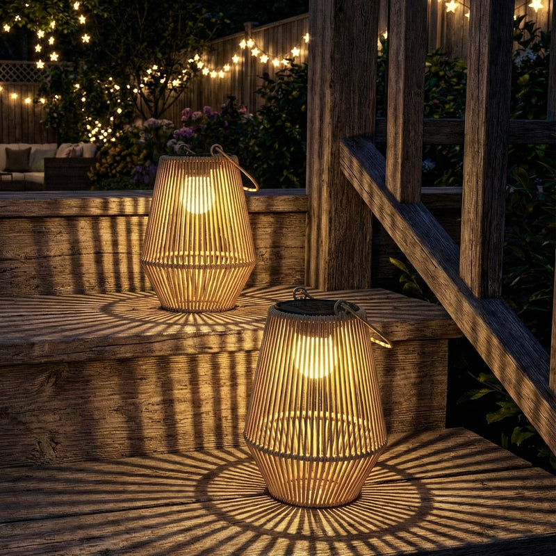 2 Pack Wicker Solar Lanterns Outdoor Waterproof Hanging Lights with Auto On/Off and Handles, Brown