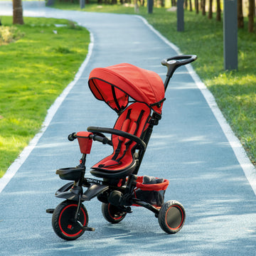 Aosom 6-in-1 Toddler Tricycle for 12-50 Months, Foldable Kids Trike with Adjustable Seat and Push Handle, Safety Harness, Removable Canopy, Footrest, Red