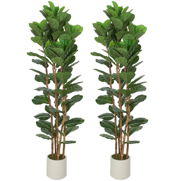 6FT Artificial Fiddle Leaf Fig Tree Set of 2, Fake Potted Tree with Solid Wood Trunks for Indoor Decor, Green