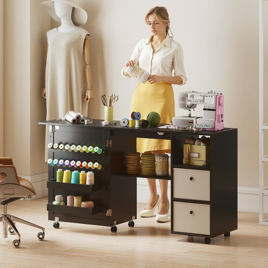 Rolling Sewing Machine Table with Power Outlet, Folding Craft Table with 2 Fabric Drawers, 2 Bins and 18 Pegs, Black