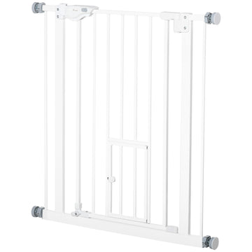 Pet Gate Extra Wide Press-Mounted with Cat Door, Auto Closing Pet Gate for Stair, Hallway, 29-32 Inch, White