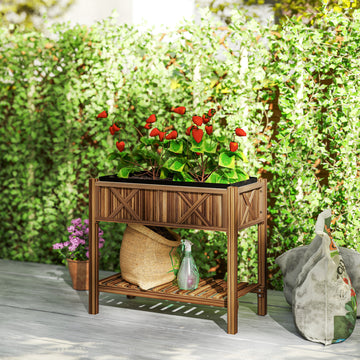 Wooden Raised Garden Bed, Elevated Planter Box with Storage Shelf, Drainage Holes and Liner, 34