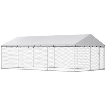 Galvanized Steel Outdoor Dog Kennel with Roof, Safety Lock, for Backyard, 13.1' x 7.5' x 7.8', Silver