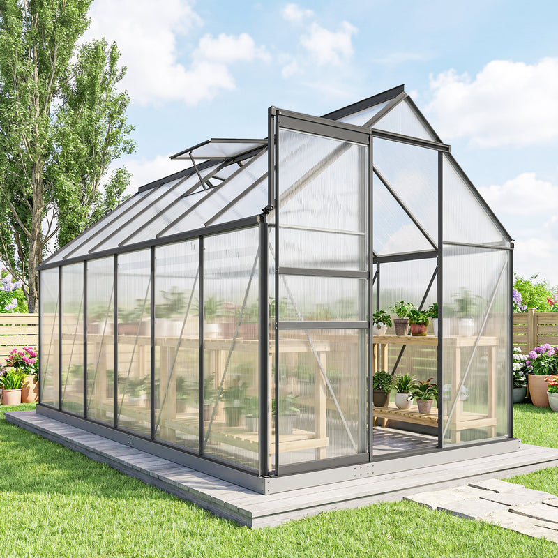 6' x 12' x 6.5' Walk-in Greenhouse, Polycarbonate Greenhouse with Adjustable Roof Vent, Base, Sliding Door, Charcoal Grey