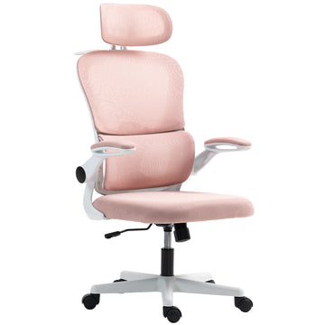 Mesh Office Chair, Ergonomic Desk Chair with Flip-up Armrest, Rotatable Headrest, Adjustable Lumbar Support, Pink