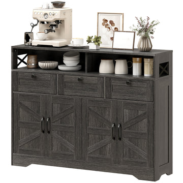Sideboard, Buffet Cabinet with 4 Barn Doors and 3 Drawers, Coffee Bar Cabinet with Adjustable Shelves, Espresso