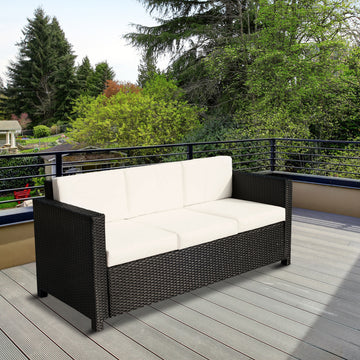 Deluxe 3 Seat Rattan Wicker Sofa Garden Outdoor Patio Furniture with Cushion, Cream White