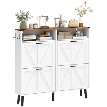 Shoe Storage Cabinet with 4 Flip Drawers, Farmhouse Narrow Shoe Cabinet, Holds Up to 24 Pairs