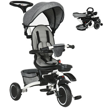 6-in-1 Toddler Tricycle for 12-50 Months, Foldable Kids Trike with Adjustable Seat and Push Handle, Safety Harness, Removable Canopy, Footrest, Grey