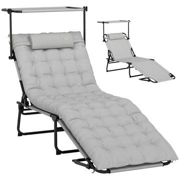 Folding Lounge Chair with Adjustable Canopy, 4-Position Outdoor Tanning Chair with Headrest, Light Grey
