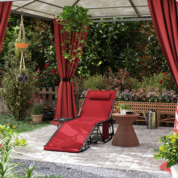 Folding Lounge Chair, Outdoor Chaise Lounge Tanning Chair with Adjustable Back, Side Table, Headrest, Red