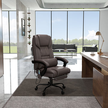 6-Point Vibration Massage Chair, Height Adjustable Reclining Computer Chair with Retractable Footrest, Brown