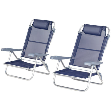 Set of 2 Camping Chairs, Beach Chairs with Adjustable Backrest and Headrest, Folding Chair for Outdoor, Dark Blue