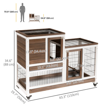 Wooden Rabbit Hutch, Indoor Bunny Cage with Wheels, Pull Out Trays, Run, Grey