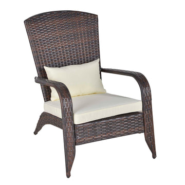 Patio Wicker Adirondack Chair, Outdoor PE Rattan Fire Pit Chair, Muskoka Chair w/ Soft Cushions, Tall Curved Backrest and Comfortable Armrests for Deck Garden, Cream White