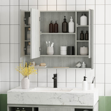 Wall Mounted Bathroom Medicine Cabinet with Mirror and Adjustable Shelves, Grey